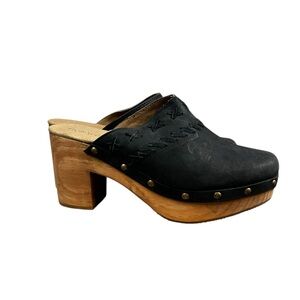 Five Worlds Cordani black suede platform clog with braiding details